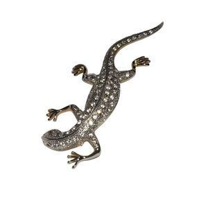 Silvertone Gecko Lizard Brooch Pin Rhinestone Crystal Studded Green Eye Vintage